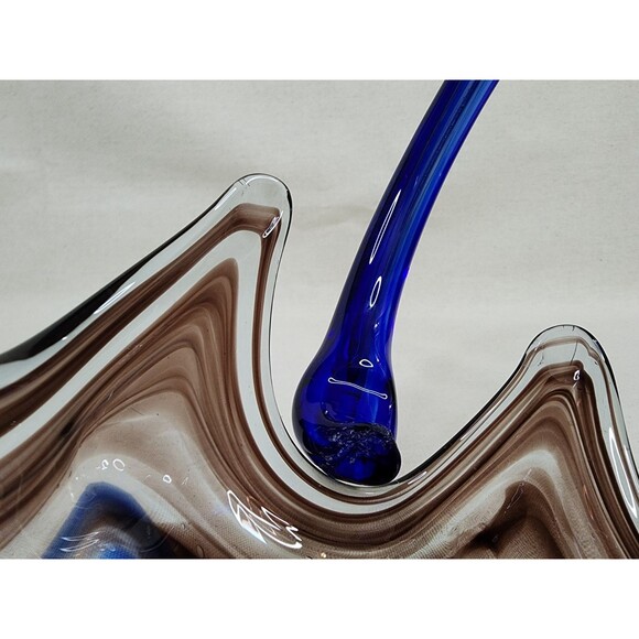 Vintage Sooner Ozark Art Glass Basket | Blue & Brown Swirl Hand-Blown | USA - Picture 12 of 15